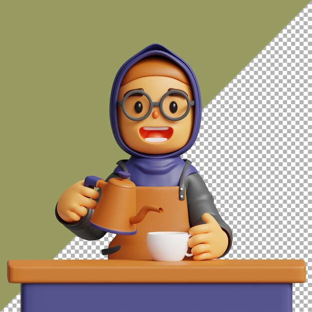 3D-Darstellung Frau Barista mit Hijab-Cartoon