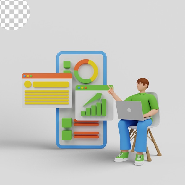 3D-Darstellung Mann mit Laptop, der Infografik-Diagramm-Balkendiagrammbericht analysiert