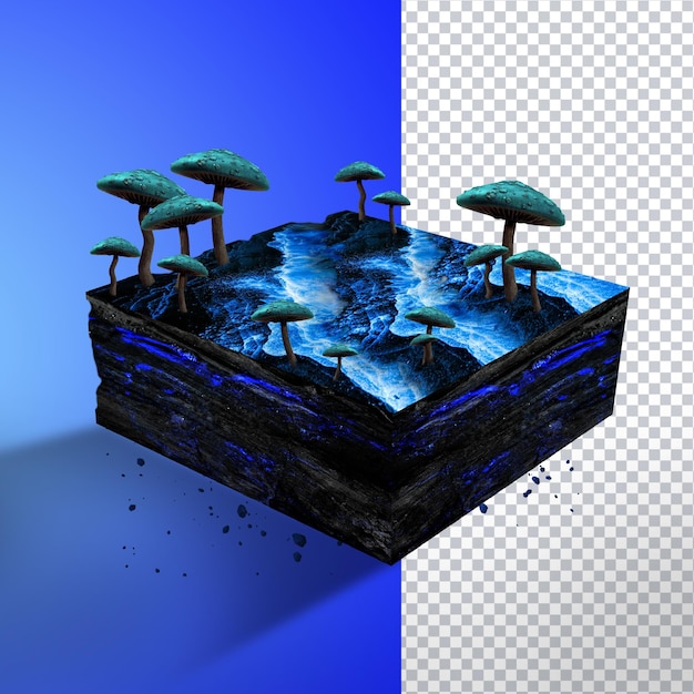 3D-Darstellung Mikrowelt der blauen Pilzinsel