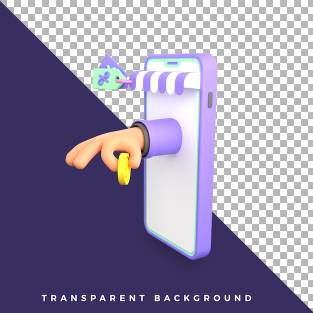 3d-darstellung mobiler online-shop-shop-zahlung mit münzhandgeste isoliert hohe qualität