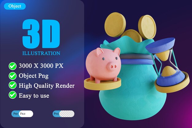 3D-Darstellung Münzbeutel und Sanduhr