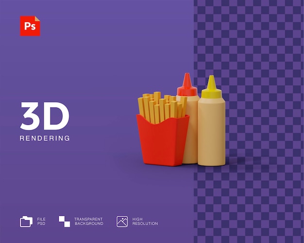 3d-darstellung pommes frites mit soße