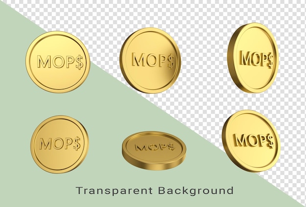 3d-Darstellung Set aus goldener Macanese-Pataca-Münze in verschiedenen Engeln