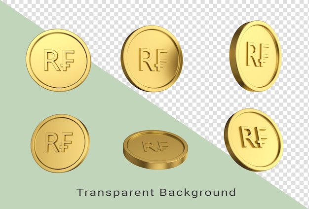 3d-Darstellung Set aus goldener ruandischer Franc-Münze in verschiedenen Engeln