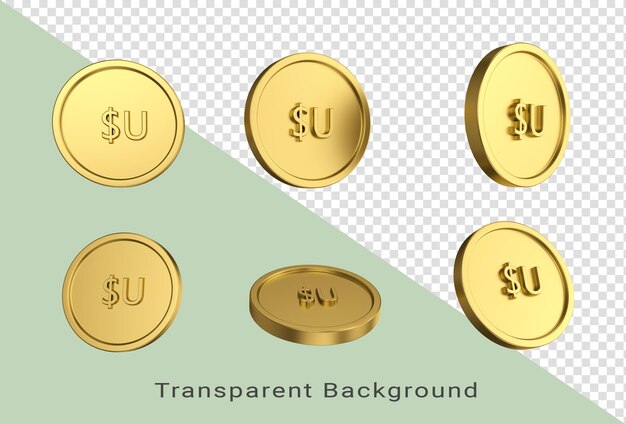 3d-Darstellung Set aus goldener uruguayischer Peso-Münze in verschiedenen Engeln