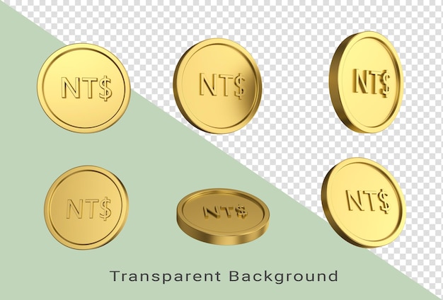 3d-Darstellung Set aus Goldmünze des neuen Taiwan-Dollars in verschiedenen Engeln