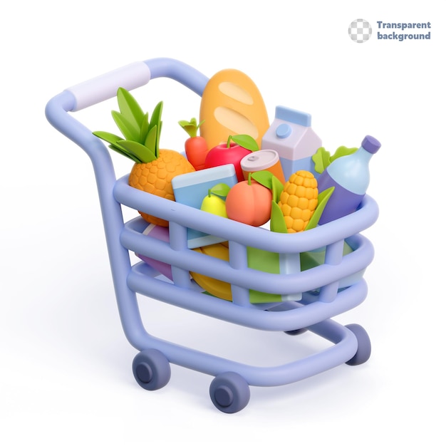3D-Darstellung Supermarkt-Einkaufswagen mit Lebensmittelgeschäft