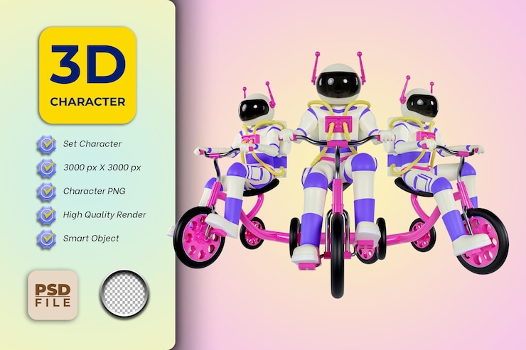 PSD 3d-darstellung von astronauten reitet auf dreirädern für kinder