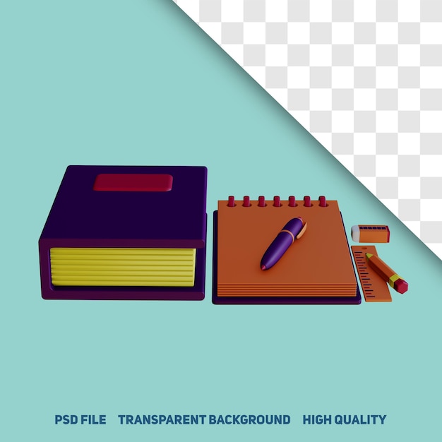 3D-Darstellung von Buchnotizbuch und Lineal mit Bleistift und Stiftseitenansicht Premium PSD