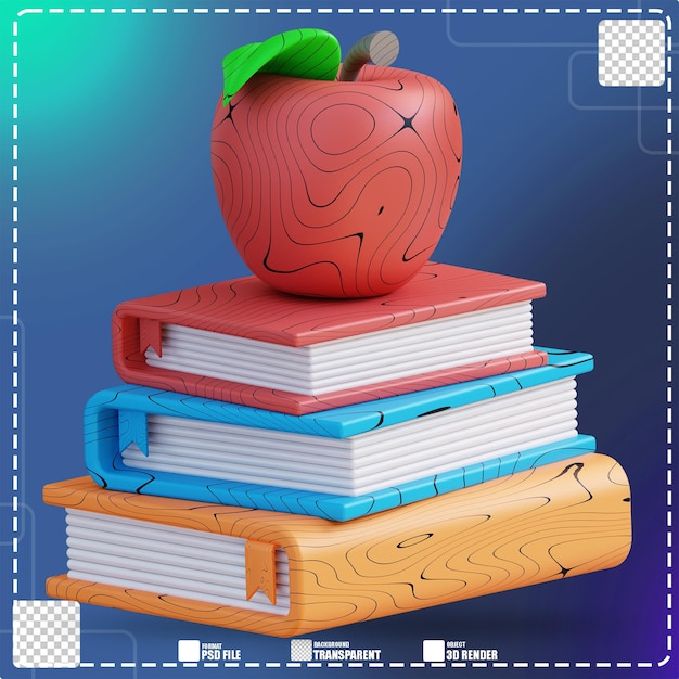 PSD 3d-darstellung von bücherstapel und apfel 2