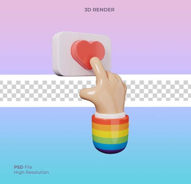 3d-darstellung von cartoon-händen berühren sie die rote liebe wie schaltfläche lgbt pride month-symbol