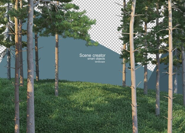 3D-Darstellung von Kiefern auf dem grasbewachsenen Hügel