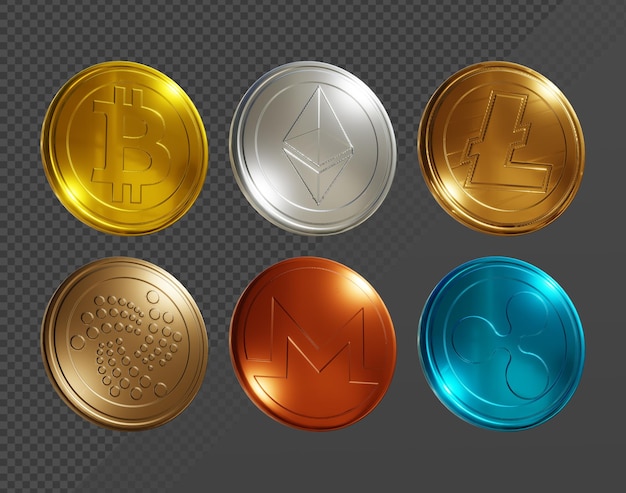 3d-darstellung von kryptomünzen bitcoin ethereum litecoin und andere glänzende perspektivansicht