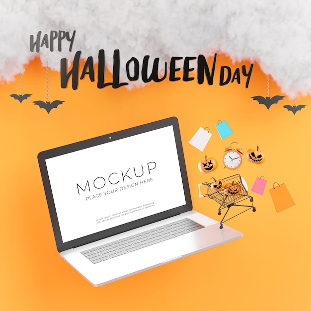 3d-darstellung von laptop mit glücklichem halloween-tag für ihre produktpräsentation