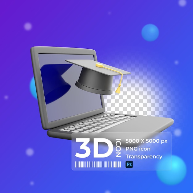 3D-Darstellung von Laptop und Abschlusshut 3D-Render-Laptop-Absolvent-Hut-Symbol auf weißem Hintergrund