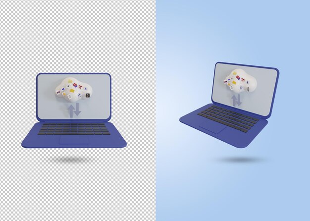 3d-darstellung von laptops oder notebooks, die dateien im cloud-speicher hochladen und herunterladen