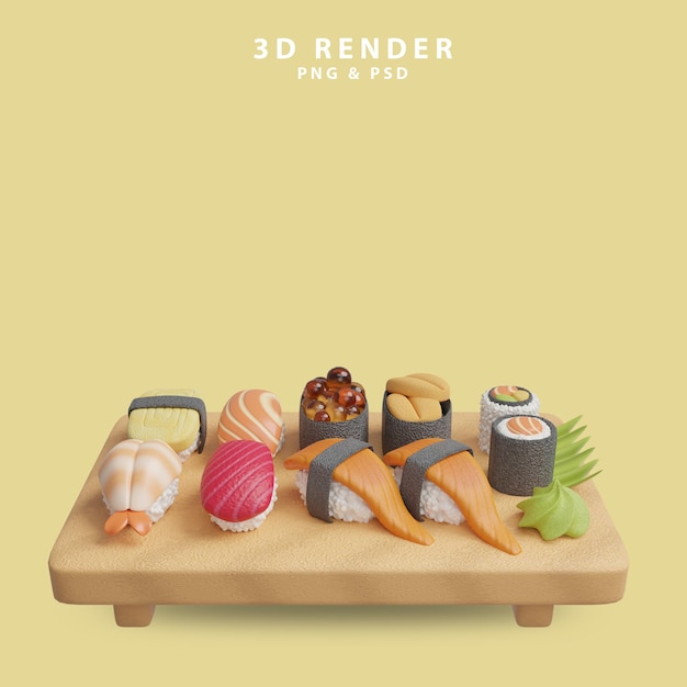 3d-darstellung von lebensmitteln für japanische küche oder sushi-restaurant, um ein menü mit nigiri-gerichten zuzubereiten