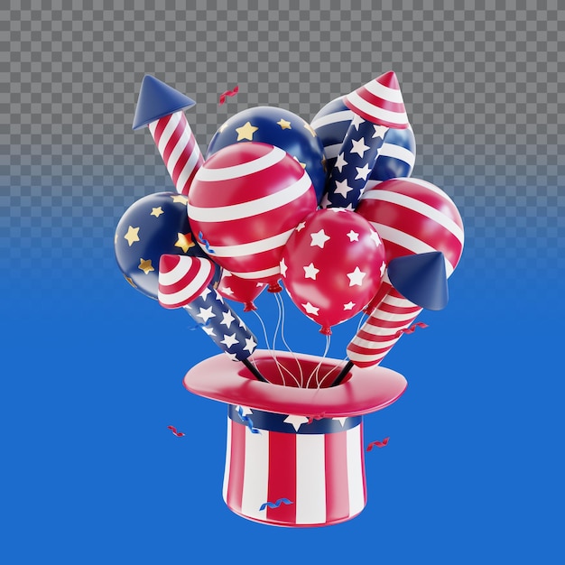 3D-Darstellung von Luftballons mit Sternenbanner und einem Hut zum Thema 4. Juli