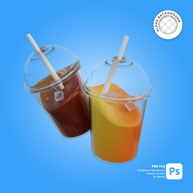 3d-darstellung von orangensaft und cola in plastikbecher