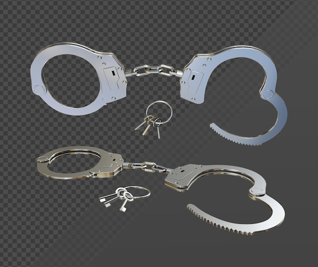 PSD 3d-darstellung von polizeiwerkzeugen, handschellen und schlüsselperspektive