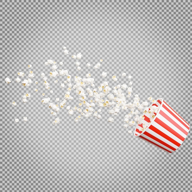PSD 3d-darstellung von popcorn, das auf weißem hintergrund mit beschneidungspfad spritzt