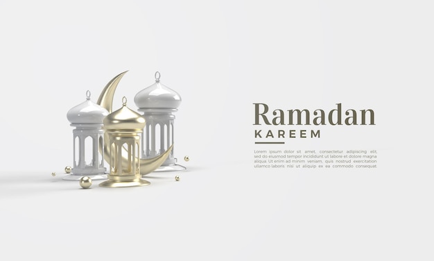 3d-darstellung von ramadan kareem mit goldenem mond und weißen lichtern