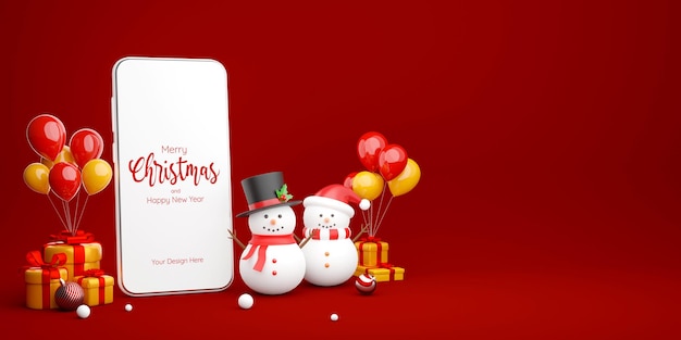 3D-Darstellung von Smartphone mit Schneemann und Weihnachtsgeschenk, Frohe Weihnachten