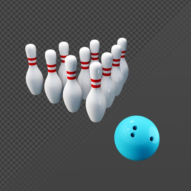 3d-darstellung von sport-bowlingkugeln und pins aus perspektivischer ansicht