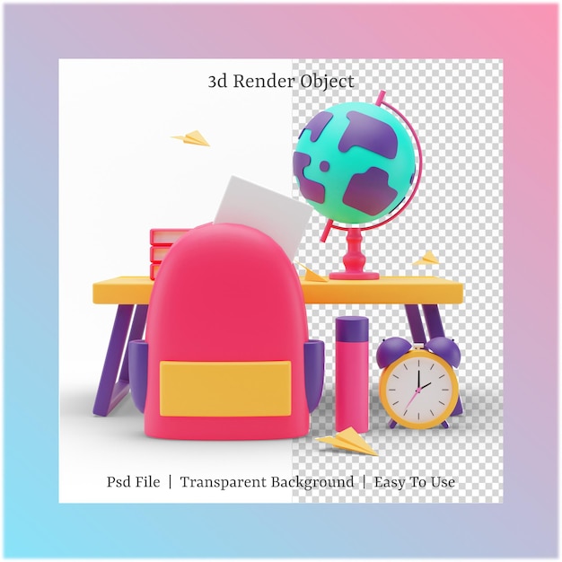 PSD 3d-darstellung von tasche und glob mit back-to-school-konzept