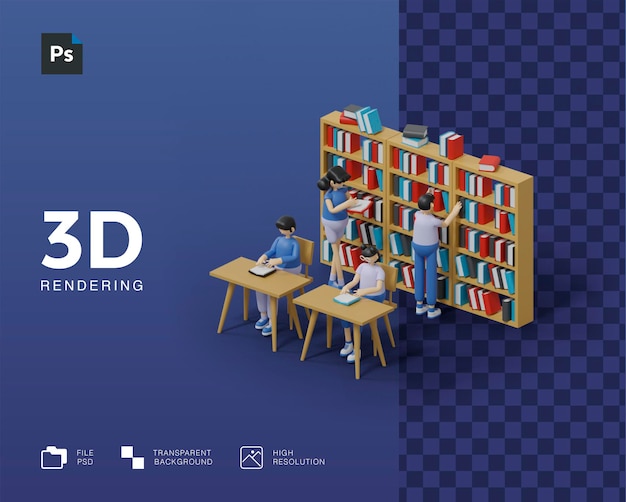 PSD 3d das konzept des lernens, bücher in der bibliothek lesen zu lernen