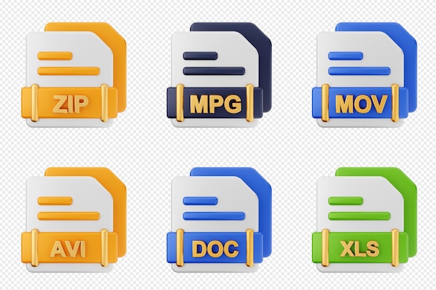 3D-Dateiformat Art des Symbols Set Bundle zip mpg mov avi doc xls