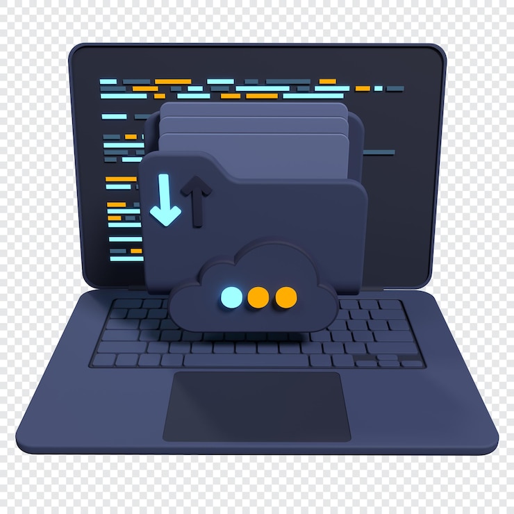 PSD 3d-dateiordner auf dem laptop-bildschirm laptop und dateien dokumentenordner speicher teilen daten 3d-darstellung