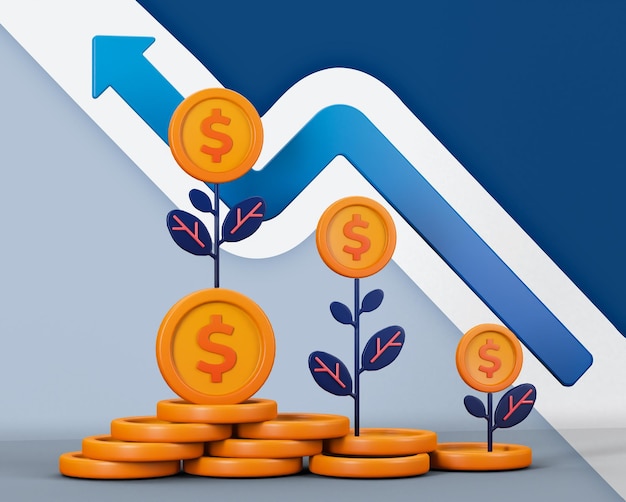 3d de investimento que continua a crescer com pilhas de moedas de dólar