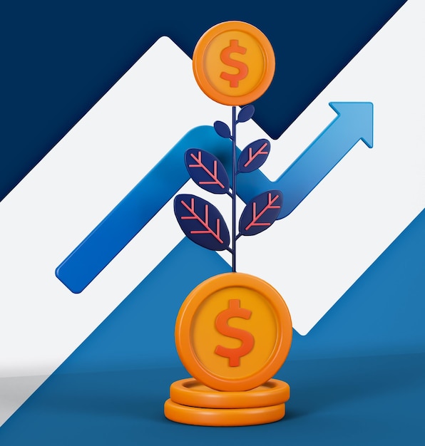 3d de moedas que cultivam plantas que produzem juros e retorno sobre o investimento