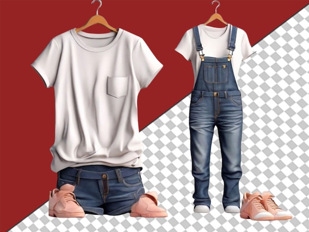 PSD 3d de women39s jean overalls com t-shirt e sapatos em fundo transparente