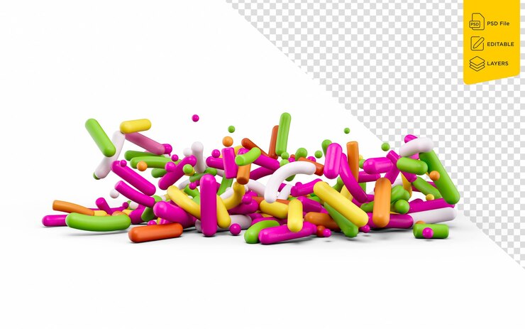 PSD 3d decoración de salpicaduras de azúcar coloridas para pasteles y panaderías sobre fondo blanco ilustración 3d