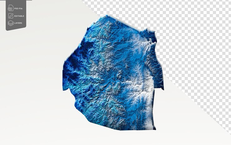 PSD 3d deep blue water eswatini map shaded relief texture map on white background 3d illustration