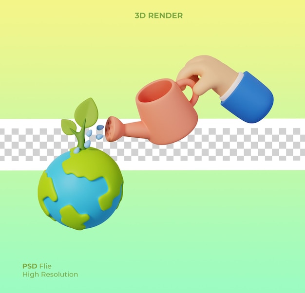 3D del concetto di ambiente mondiale della Giornata della Terra Semina di irrigazione sul globo con un annaffiatoio isolato