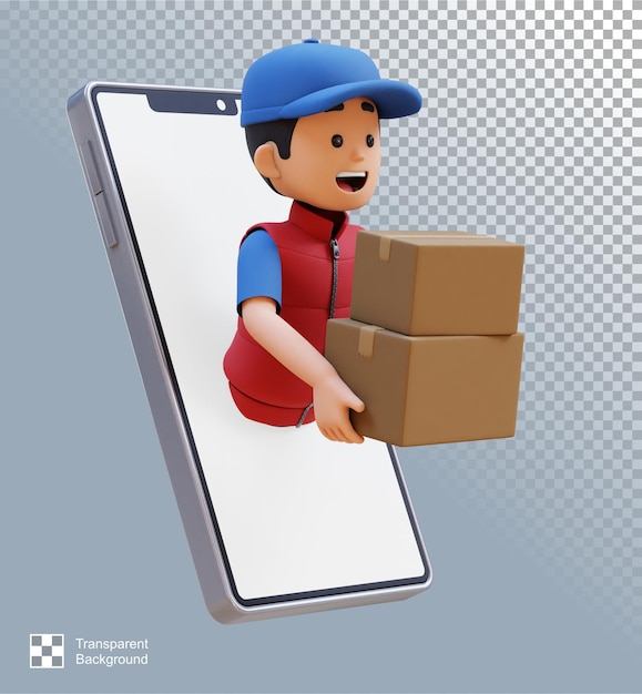 3D-Delivery Man-Charakter springt mit Megafon aus dem Telefonbildschirm und hält eine Paketbox