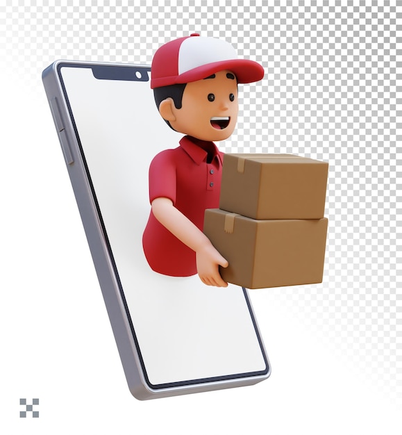 3d-delivery man-charakter springt mit megafon aus dem telefonbildschirm und hält eine paketbox