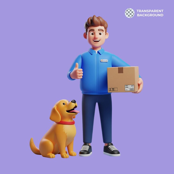 PSD 3d delivery man with golden retriever and package