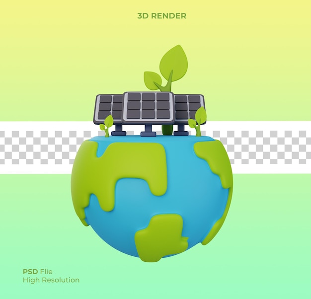 PSD 3d des earth day save world environment concept globus mit sonnenkollektoren und sämling rette den planeten