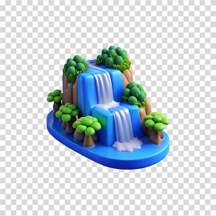 PSD 3d desenho animado cachoeira paisagem vegetação exuberante água em cascata