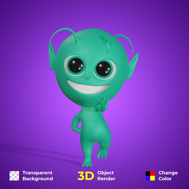 PSD 3d design alien maskottchen illustration premium grüner alien charakter psd