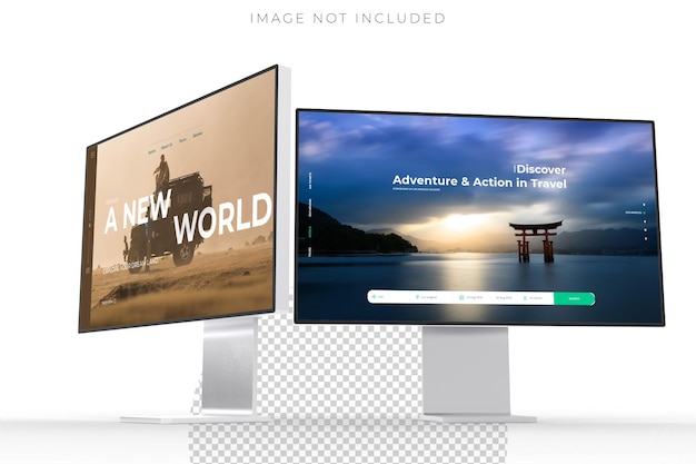 3D desktop computer monitor with empty display device screen mockup blank screen isolated on background Perfect for showcase websites apps browser interfaces business layout responsive design