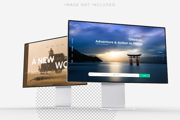 3D desktop computer monitor with empty display device screen mockup blank screen isolated on background Perfect for showcase websites apps browser interfaces business layout responsive design
