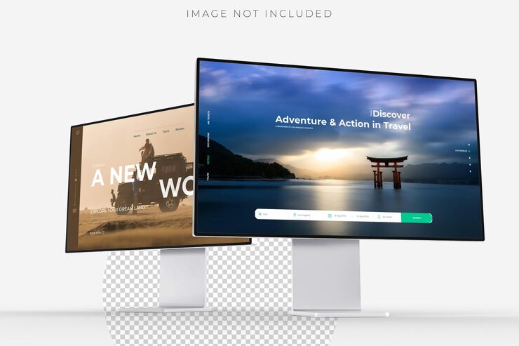 3D desktop computer monitor with empty display device screen mockup blank screen isolated on background Perfect for showcase websites apps browser interfaces business layout responsive design
