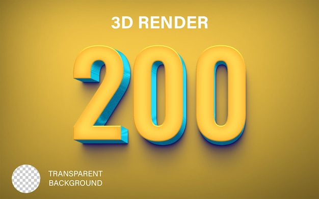 3d Deux cents Numéro 200 Couleurs jaune et bleue isolées sur un fond transparent