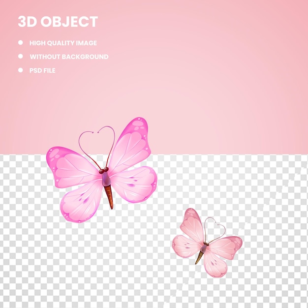 3d, deux, papillons couleur rose