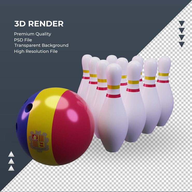 PSD 3d dia de boliche bandeira de andorra renderizando a vista direita